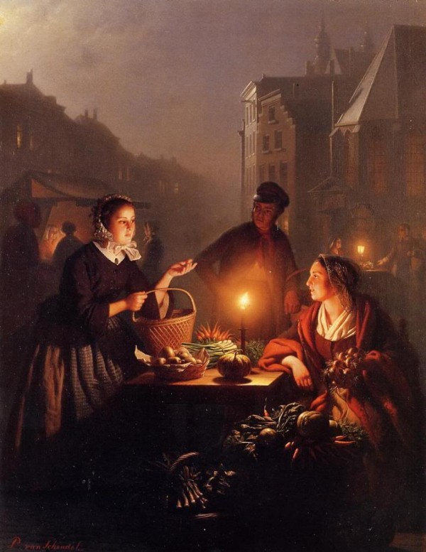 A moonlit vegetable market by Petrus van Schendel